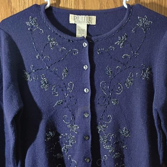 Vtg Petite Sophisticate Beaded Cardigan S Navy Old Money Classic Hong Kong Wool - Picture 10 of 10
